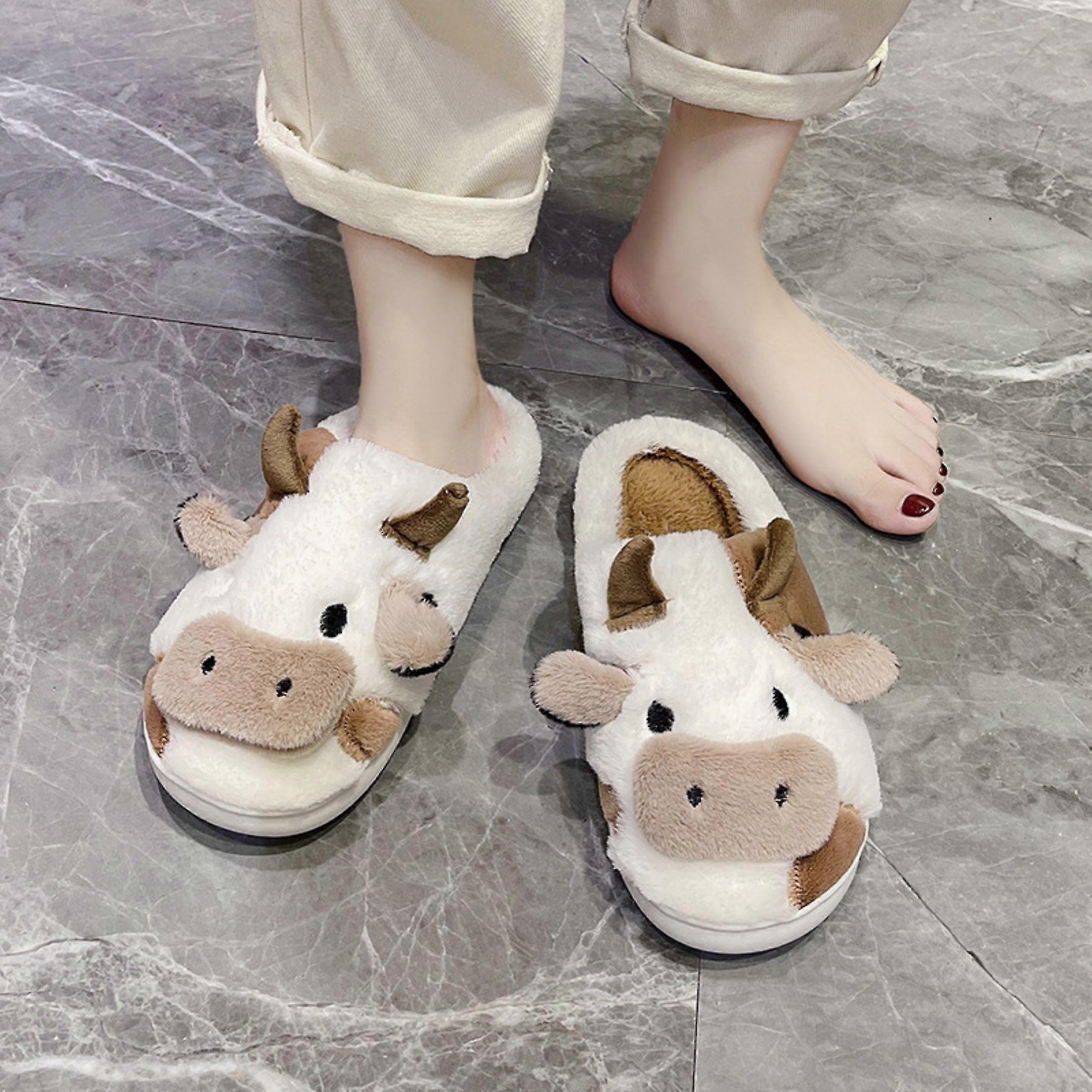 Womens Ultra-Soft Cow Print Fuzzy Slippers - Plush Winter Warmth Adorable Kawaii Design Cozy Indoor Slip-Ons for Cute Comfort