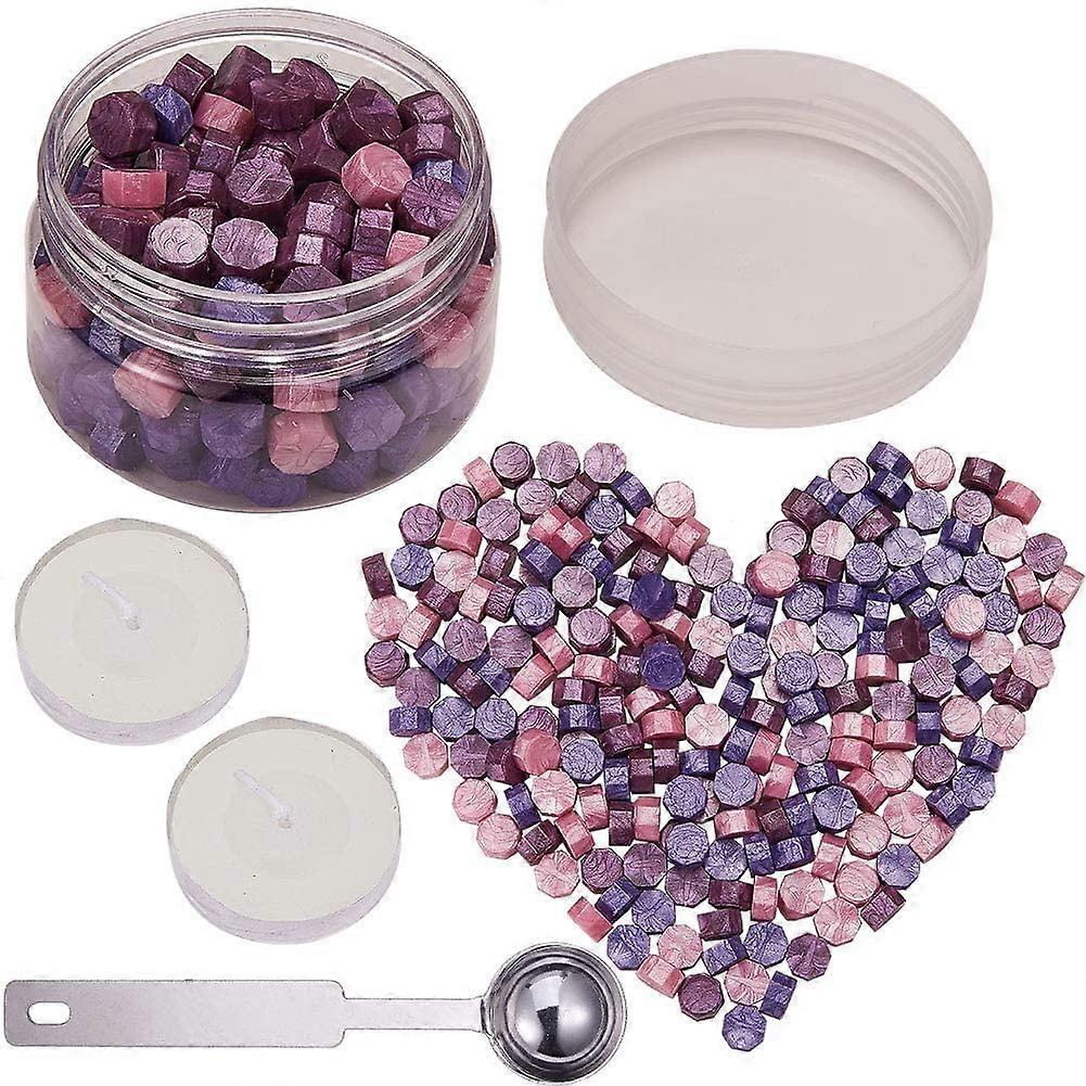 1Set 210PCS Wax Seal BeadsMixed Color Octagon Sealing Wax Beads Kit Puprple Tone Packed in Can 9mm Wax Seal with 2Pcs White Tea Candles 1 PC Metal Wax