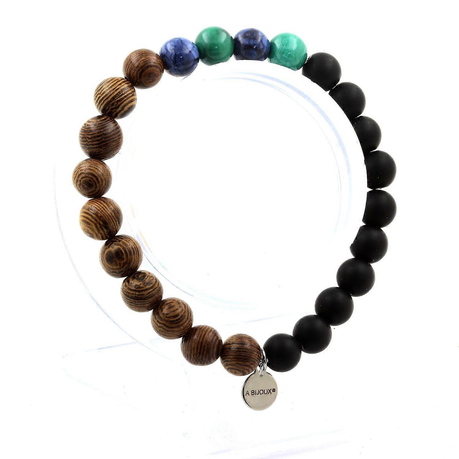 Congo Malachite Beads Bracelet + Blue Jasper + Matte Black Onyx + Wood 8 mm