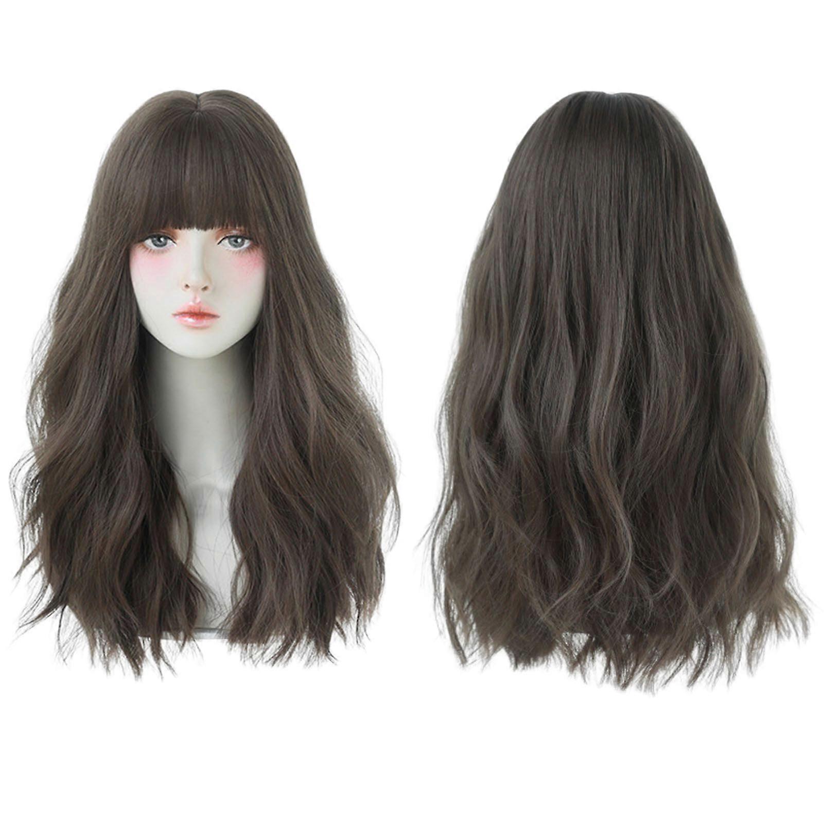 Long Curly Brown Wig with Fringe Reusable Heat Resistant Synthetic