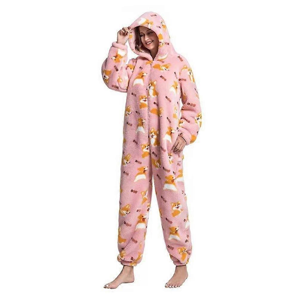 Kvinnor Onesie Pyjamas, Tecknad Djur Tryckt Ett stycke Huva Nattkläder Varma Nattkläder Jumpsuit Loungewear Romper