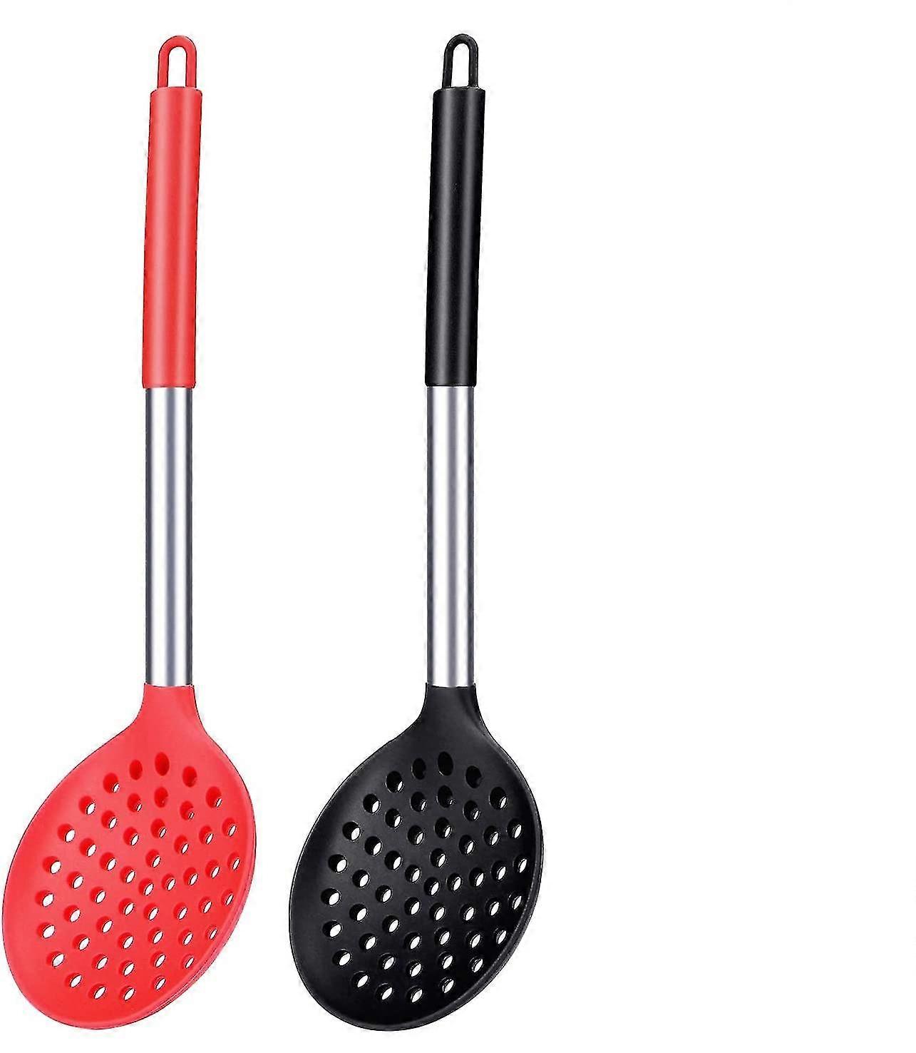 Kitchen Ladle Strainer Set Of 2 Large Slotted Spoon With High Heat Resistant Bpa Free Non Stick Cooking Skimmers For Draining & Frying (black And Red)