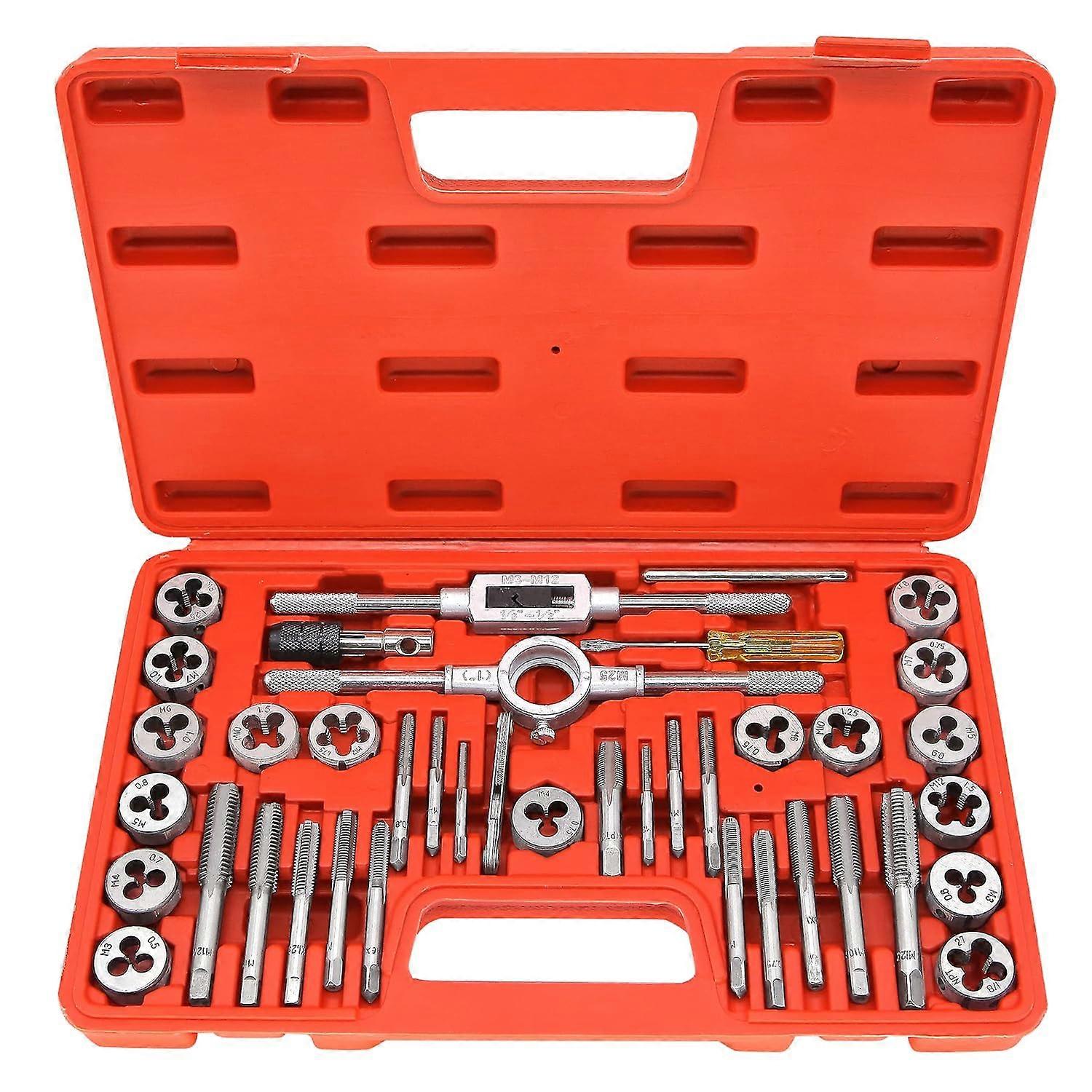 Set di maschi e matrici da 40 pezzi, dimensioni metriche standard da M3 a M12, set di utensili per filettare per il taglio di filettature esterne e interne con impugnature regolabili, completo