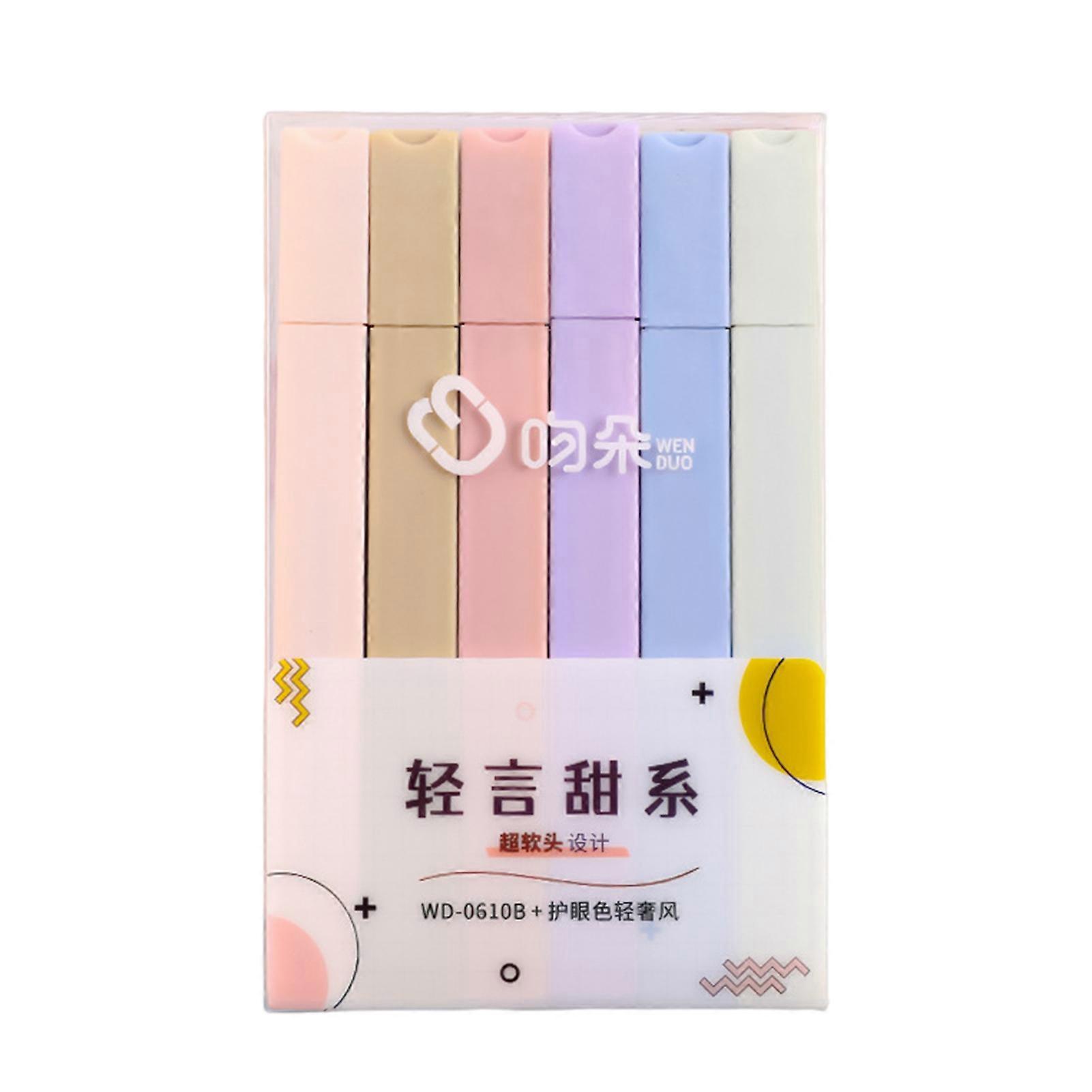 6Pcs Soft Nib Pastel Highlighters Fluorescent Pen Square Pen Barrel Colored Marker Pens Student Stationery