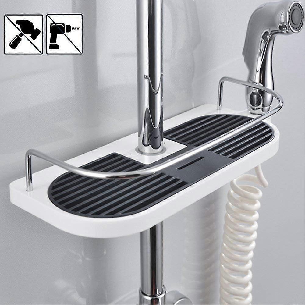 PB Telescopic Shower Shelf, Aluminum Alloy Adjustable Post Shower Shelf with 2 Towel Hooks, No Drilling Installation, Bathroom Organizer, 19-25mm