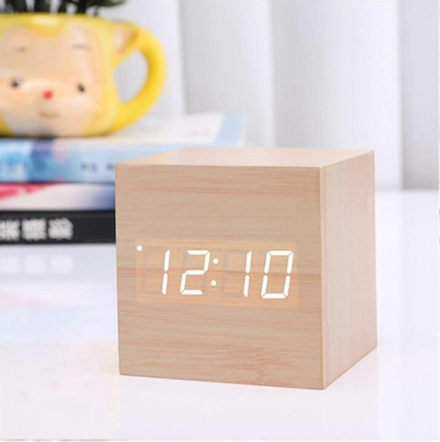 LED Digital Alarm Clock, Wooden Cube Clock