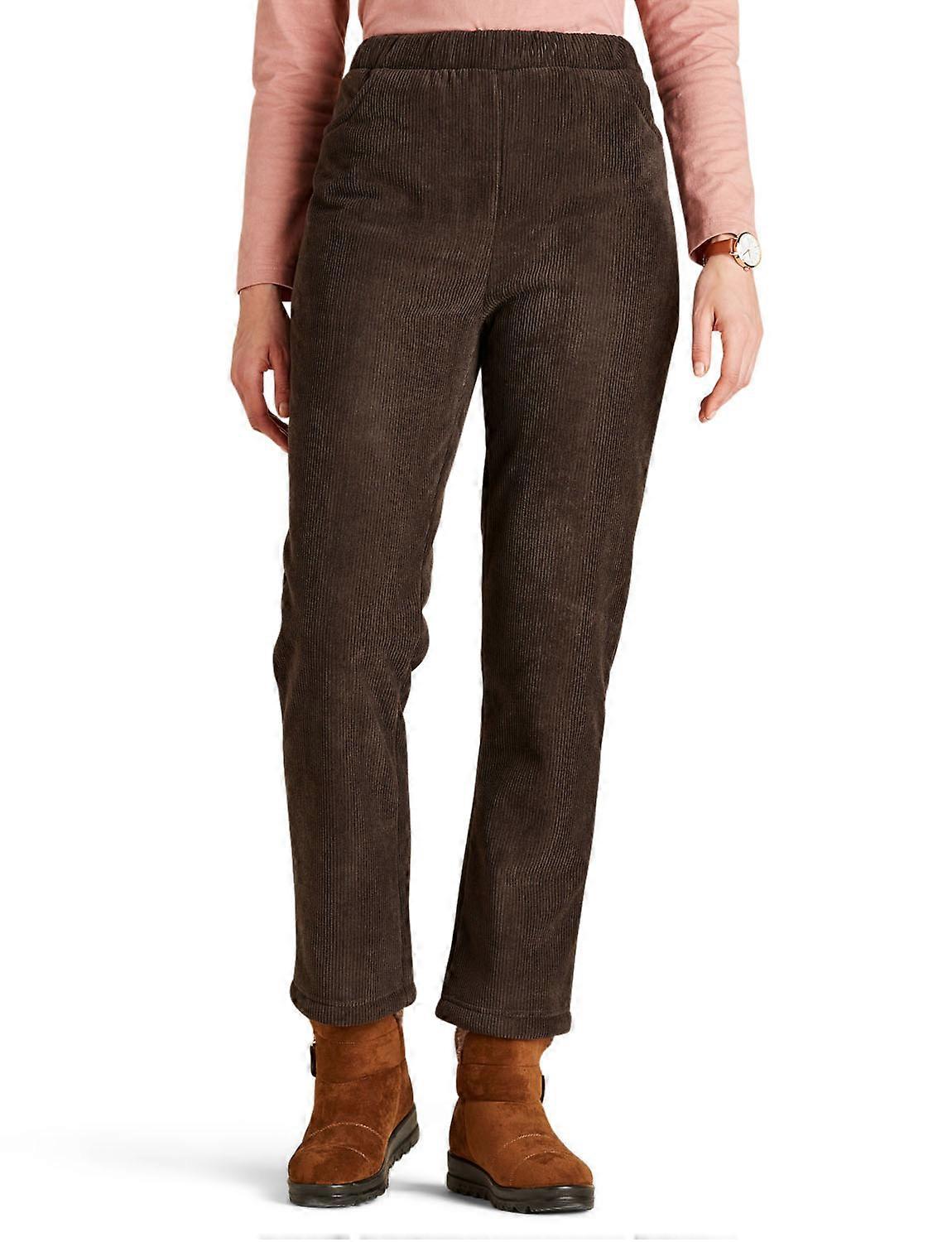 Amber | Ladies | Fleece Lined Cord Trousers – Soft Knitted Jersey Pull-On Pants with Elasticated Waist & Pockets