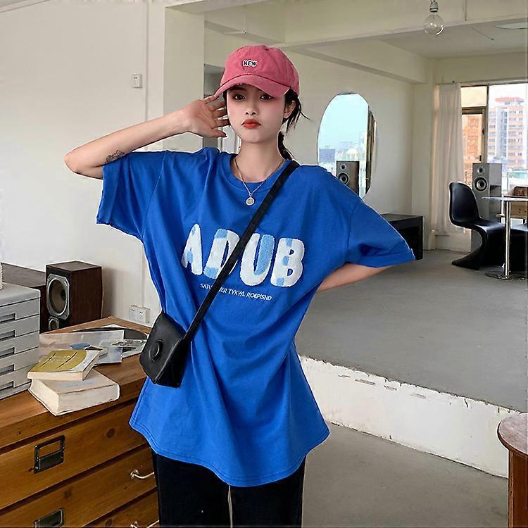 2022 الصيف جديد مستديرة الرقبة منشفة مطرزة رسالة تي شيرت فضفاضة نمط الطالب أعلى فتاة العصرية