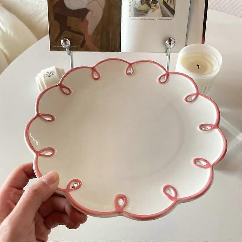 1pc French Retro Cute Restaurant Breakfast Plate Dessert Cake Plate Korean Hollowed Out 7.4in Ceramic Plate Milk Oat Cup