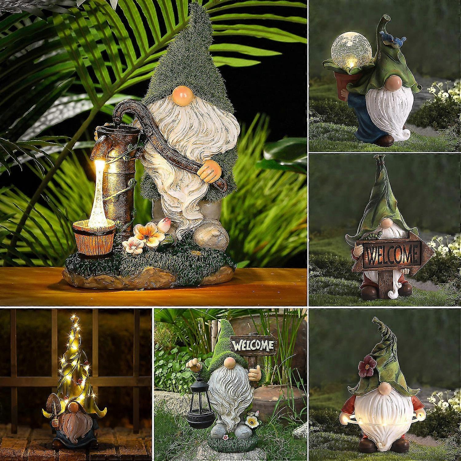 Resin Cute Garden Gnome Statue Sculptures Solar Led Lights Decoration For Outdoor