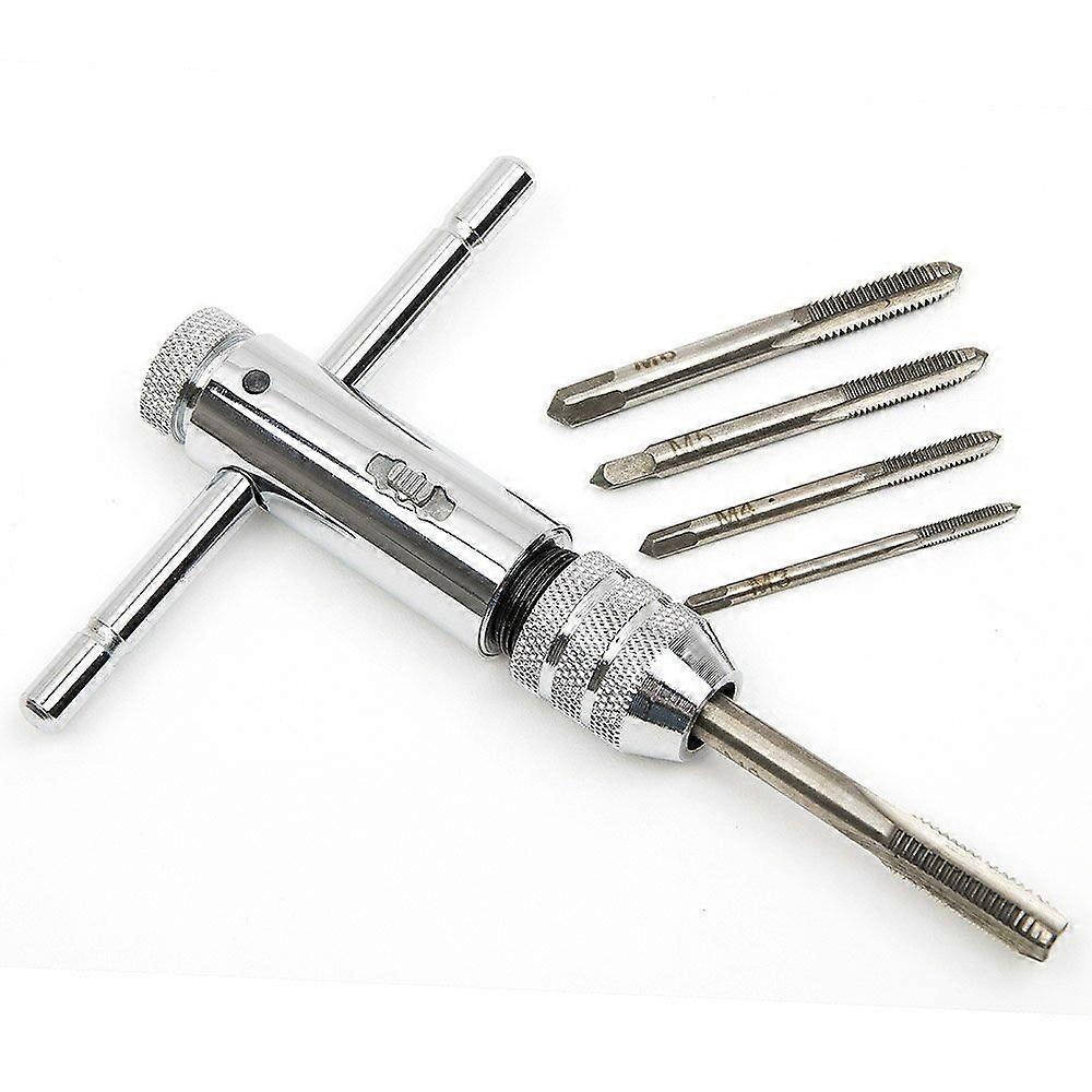 Adjustable Silver T-Handle Ratchet Tap Holder Wrench with 5pcs M3-M8 3mm-8mm Machine Screw Thread Metric Plug T-shaped Tap