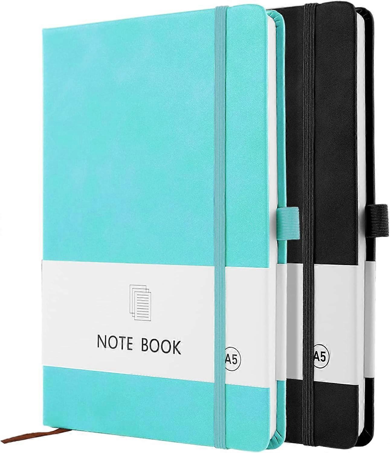 A5 Notebook, 2 Pack Notebook A5 200 Pages 100 GSM Journal Notebook Hardback Notepad with Bookmark, Pen Loop, and Elastic Closure (Black+Cyan)