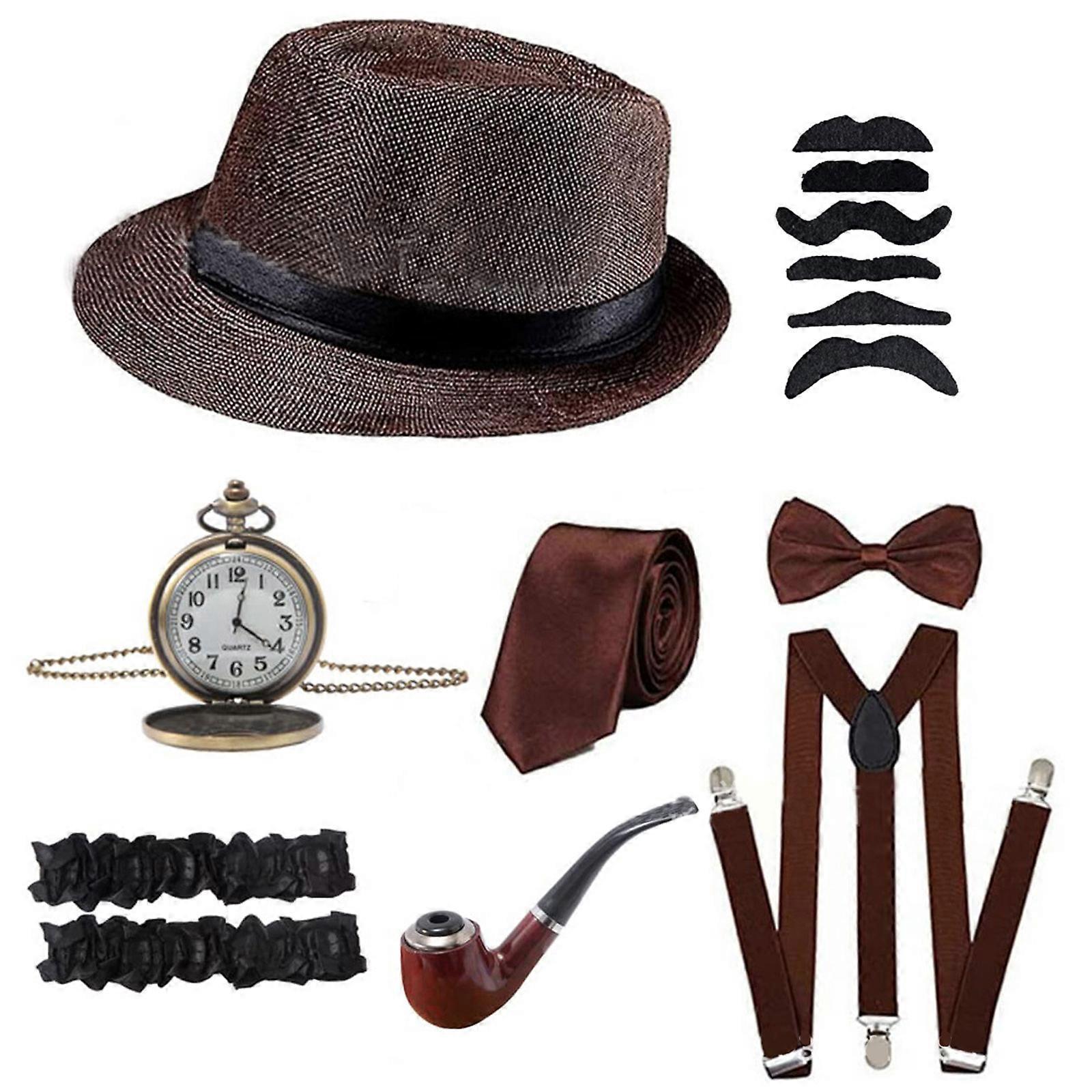 Νέα άφιξη 1920 Mens Gatsby Κοστούμι Αξεσουάρ Σετ με τον Παναμά Γκάνγκστερ Καπέλο Γενειάδα Ρυθμιζόμενα ελαστικά σιδεράκια Λαιμός Bow Pocket Watch Leg Ring για το κόμμα