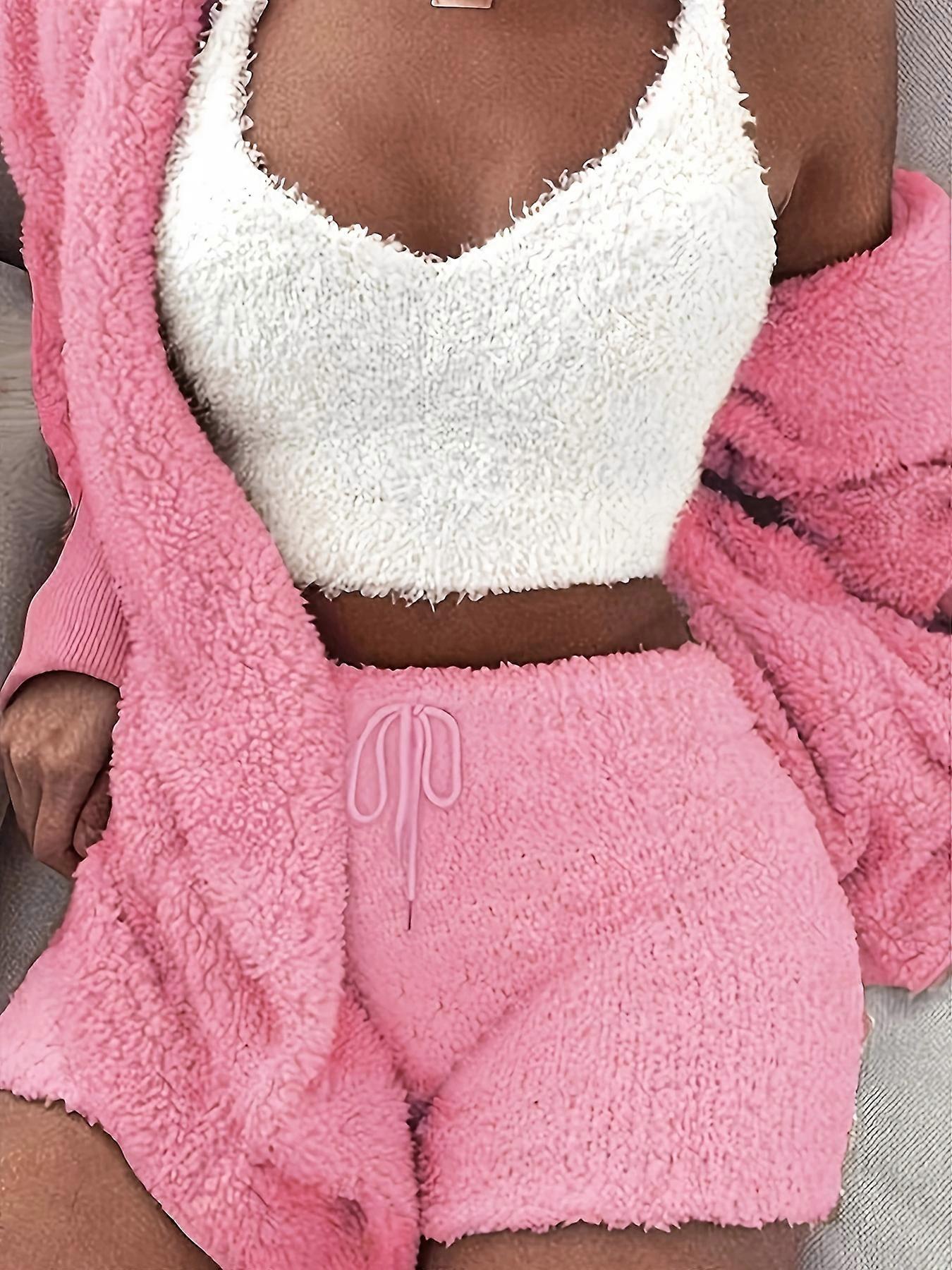 New style Warm Fuzzy Pajama Set, Long Sleeve Hooded Robe & Tank Top & Drawstring Shorts, Women's Sleepwear & Loungewear
