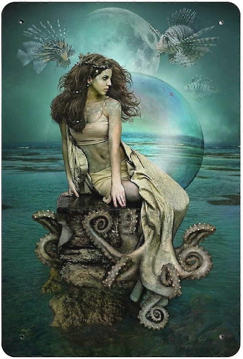 معدن القصدير تسجيل حورية البحر غروب الشمس شاطئ خمر القصدير ملصق معدن تسجيل جدار الديكور مطبخ البلد ديكور المرآب المنزلي 12 "x8"