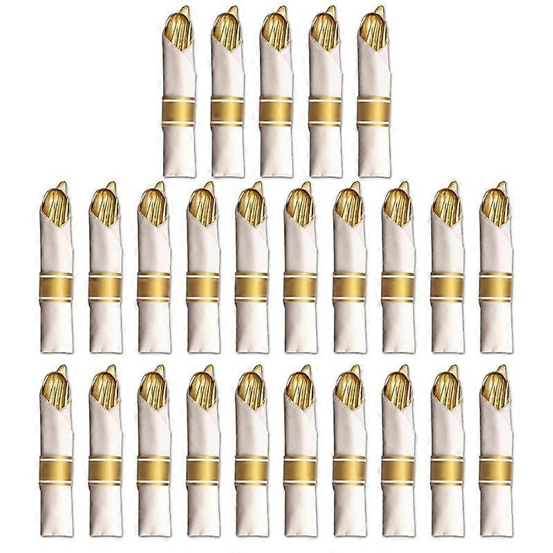 25 Pre Rolled Gold Plastic Silverware - Wrapped Disposable Silverware Set with Forks, Knives, Spoon
