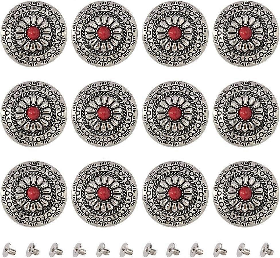 1 Box 12PCS 30mm Round Shape Conchos Screw Back Buttons Red Synthetic Turquoise Vintage Metal Buttons Sunflower Decorative Screws Rivets Buckles Repla