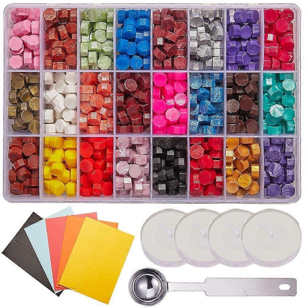 960Pcs Sealing Wax Beads Kit Octagon Wax Seal Beads Set with 4Pcs Tea Candles 1 PC Wax Melting Spoon Packed in 24-Grid Plastic Box for Wax Sealing Sta