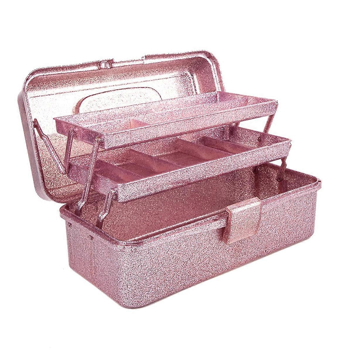 Glitter Pink & Craft Tool Storage Box,3-Layer Stackable Carry Tackle Box Sewing Box Organizer for Art