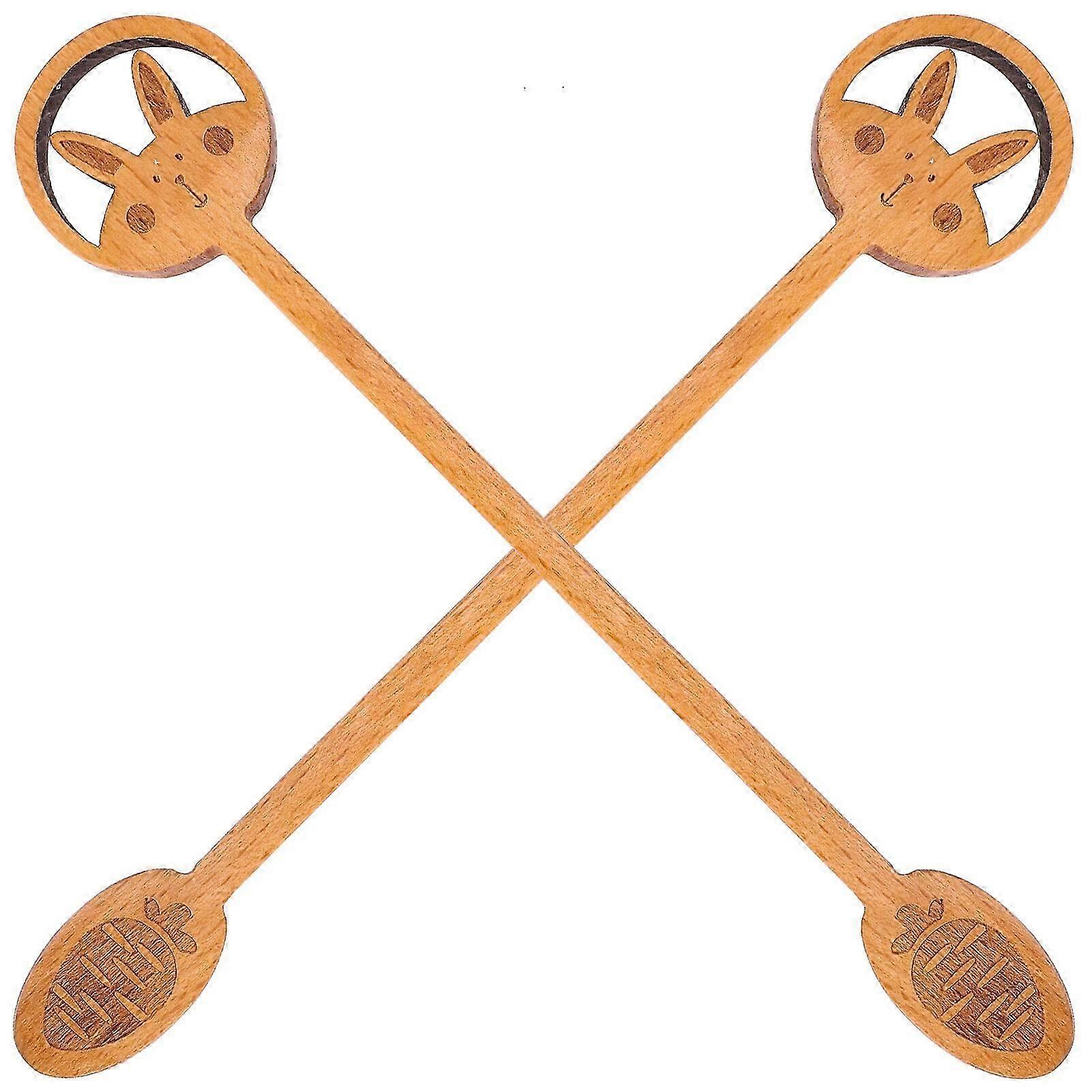 2pcs Easter Pattern Easter-themed Coffee Spoon Easter Rabbit Design Wooden Mixing Spoon for Easter Party