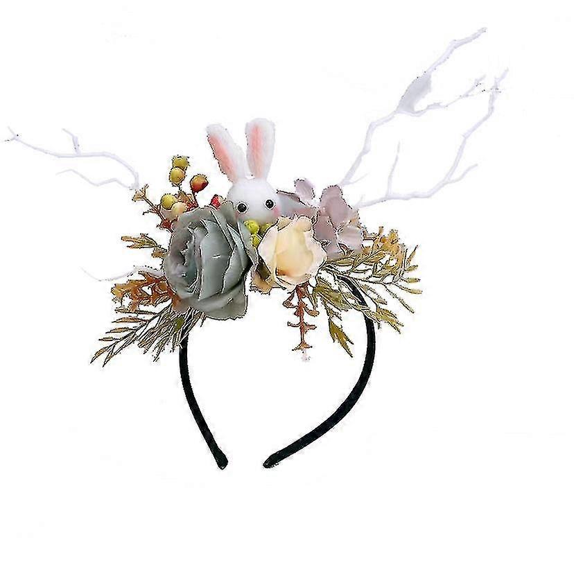 Headband, with Adorable Bunny Decoration, Artificial Flowers and Branches, Ideal for Special Occasions and Themed Parties