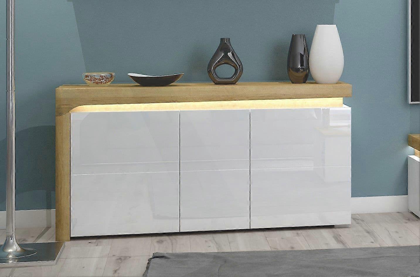 Sideboard Oak Effect  White Gloss 3 Door Sideboard With Lights