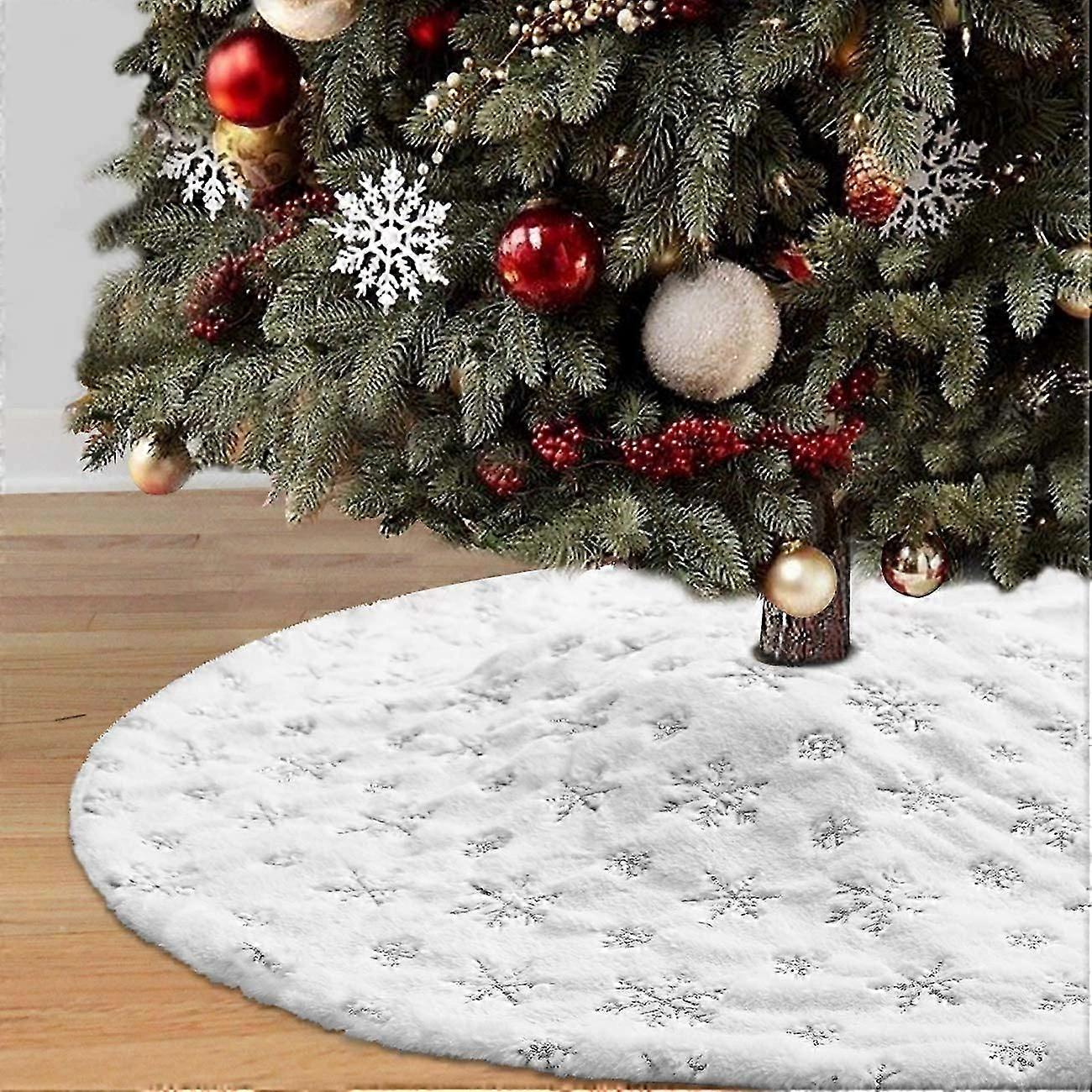 Christmas Tree Skirt, 36 White&Silver Luxury Faux Fur Tree Skirt with Snowflakes Super Soft Thick Plush Tree Skirt