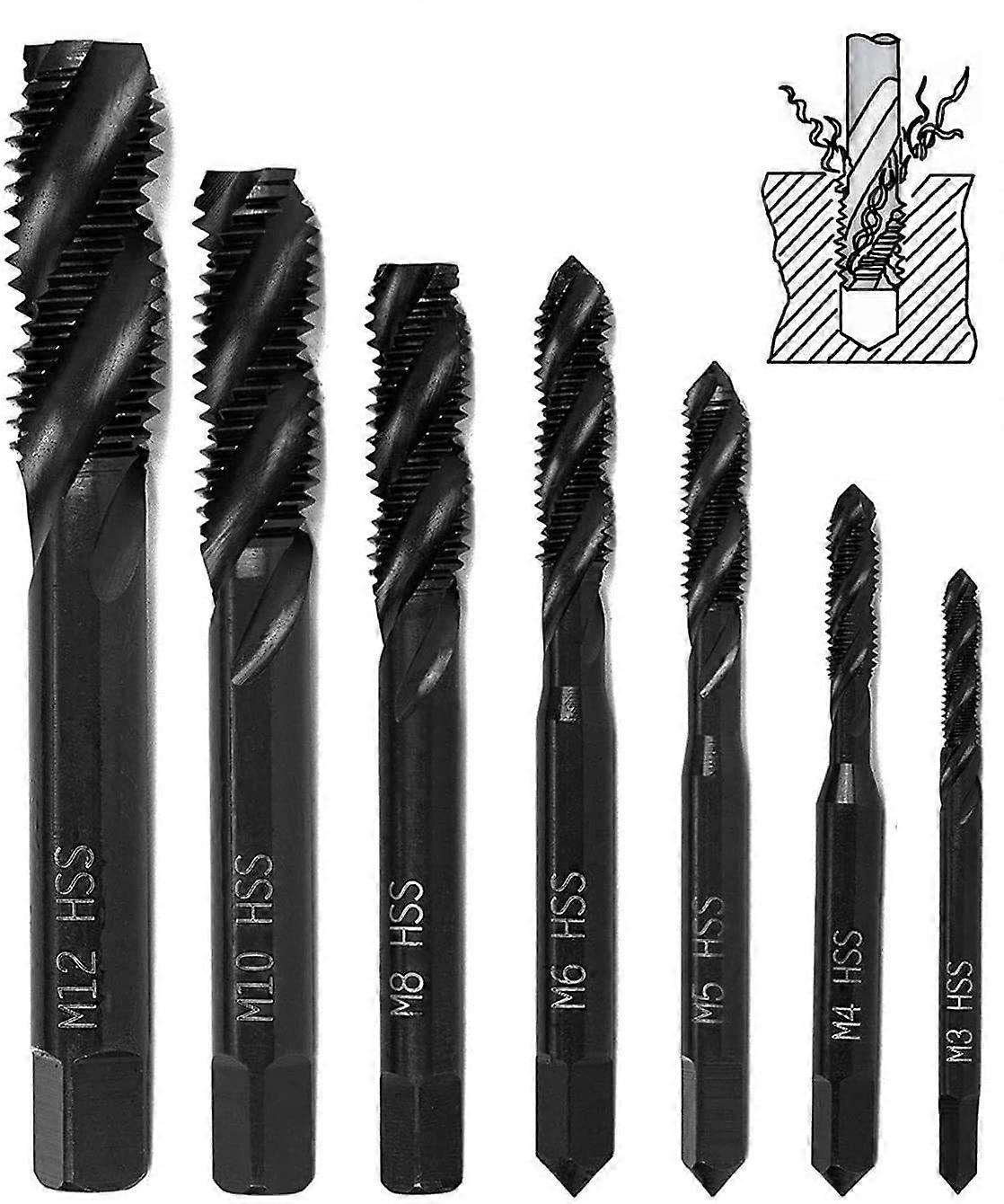 7pcs Nitride Spiral Thread Taps, HSS 4341 Metric Machine Taper Shank Thread Tapping Tool M3 M4 M5 M6 M8 M10 M12 for Wood Drill Bit