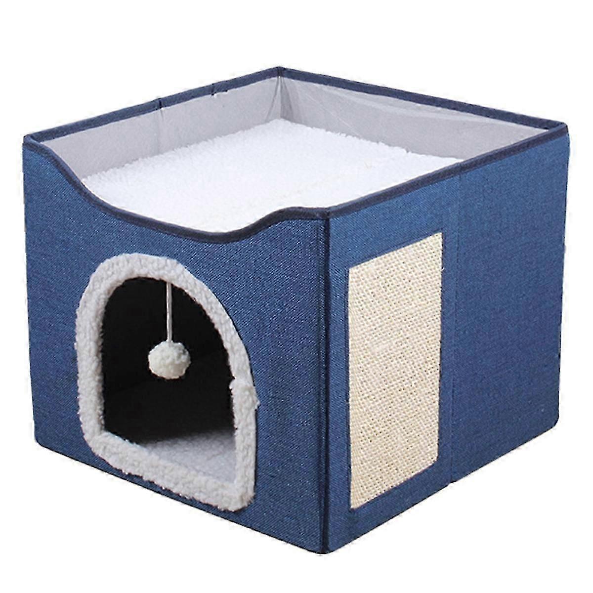 Large Cat Bed with Ball Hanging and Scratch Pad Double Layered Foldable Cat Beds for Indoor Cats Sleeping All Seasons,C jn