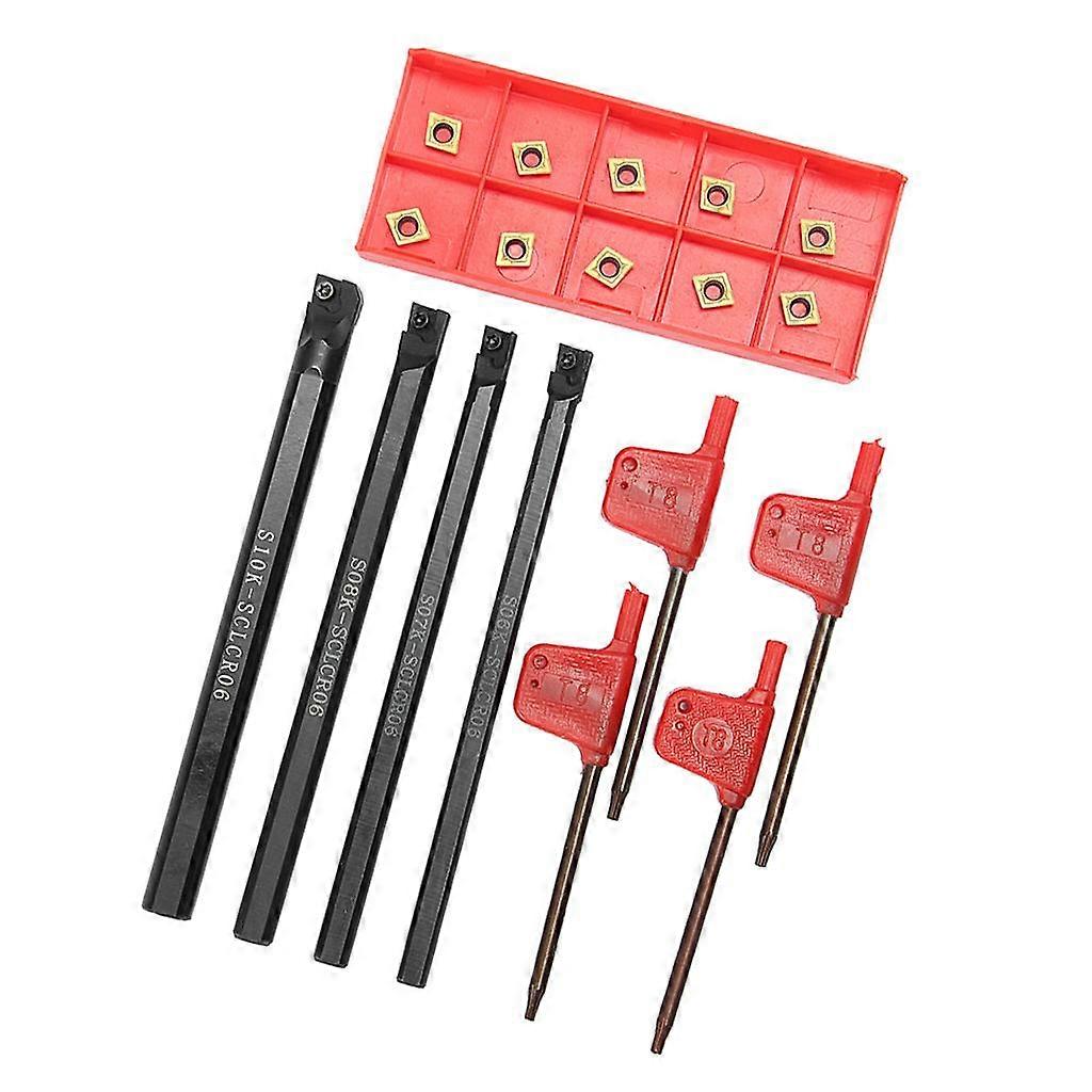 4x 8/9/10/12mm Lathe Turning Tool Holder Boring Bar+ 10x Insert +4x Wrenches