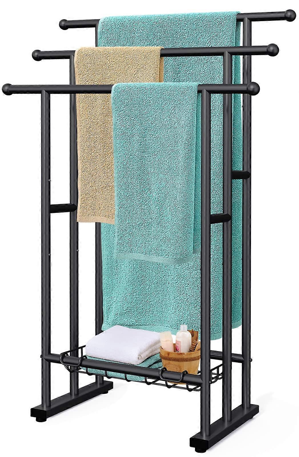 40" H Free Standing Towel Rack, 3-Tier Alloy Steel Stand With Basket, Oversized Towels Display, Black