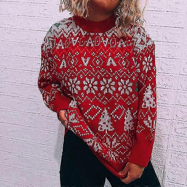 秋、冬、新しい女性's服レトロ雪クリスマステーマ赤パーティーセーターラウンドネックサーマルプルオーバーファッションセーター@BUGU