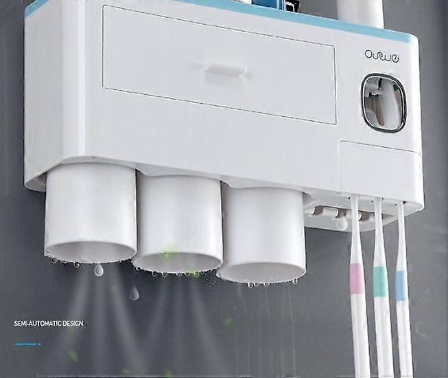Automatic toothpaste dispenser kit with gray wall-mounted toothbrush holder / 3 bites 3 cups
