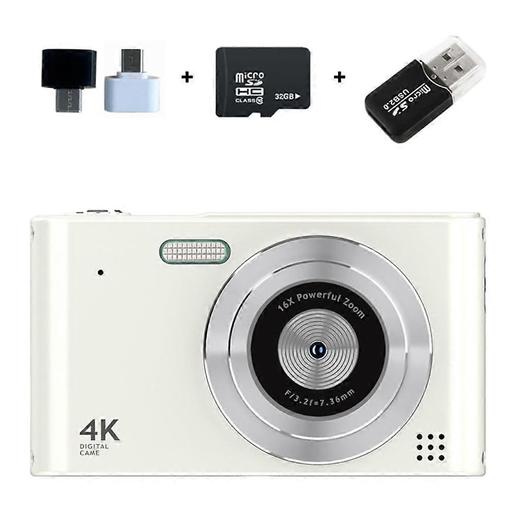 4K HD Mini Digital Camera for Students, 800mAh Battery, Selfie Function, Compact Lightweight Home Use, White