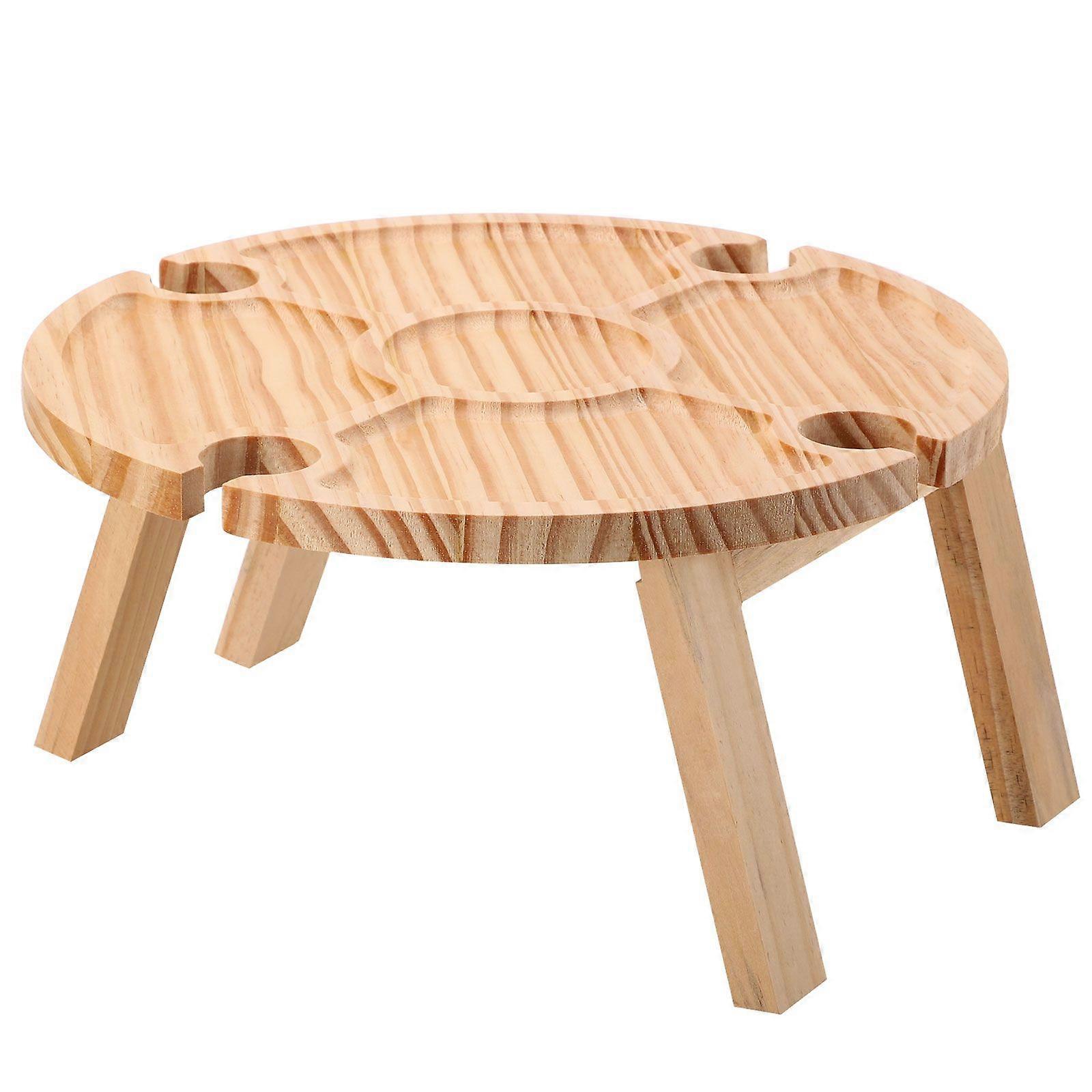 Round Wooden Portable Drink Serving Table, Foldable Snack Picnic Plate