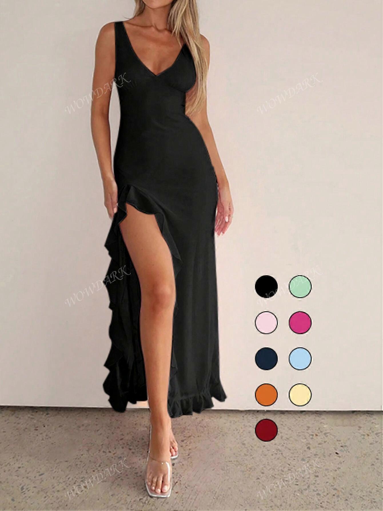 Kadın V Yaka Fırfır Etek Bölünmüş Katı Yazlık Elbise