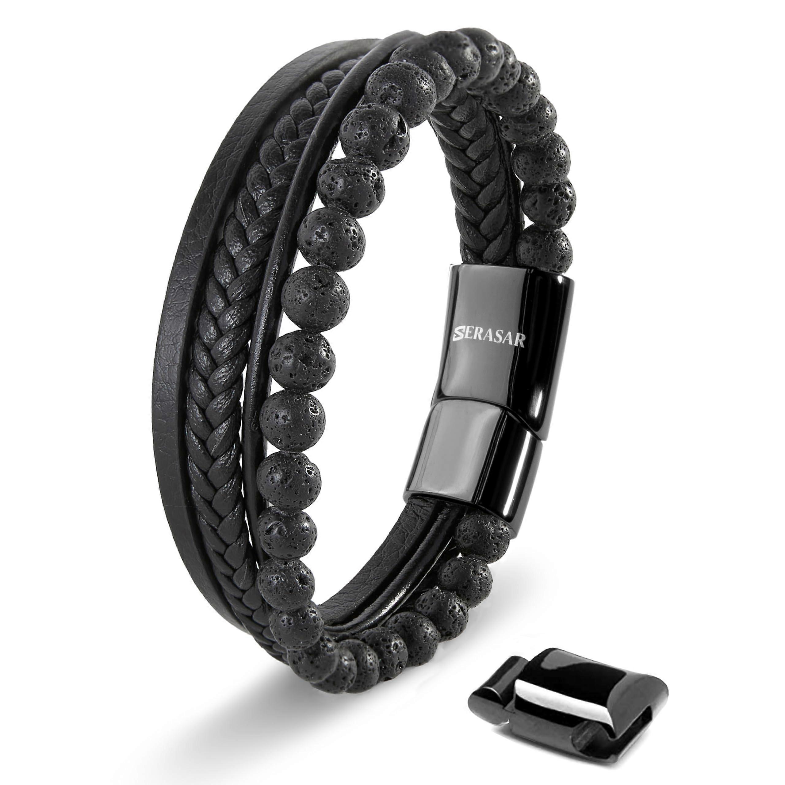 Premium Bracelet for Men Black Brown Leather Magnetic Steel Clasp Adjustable Size Jewelry Box Included