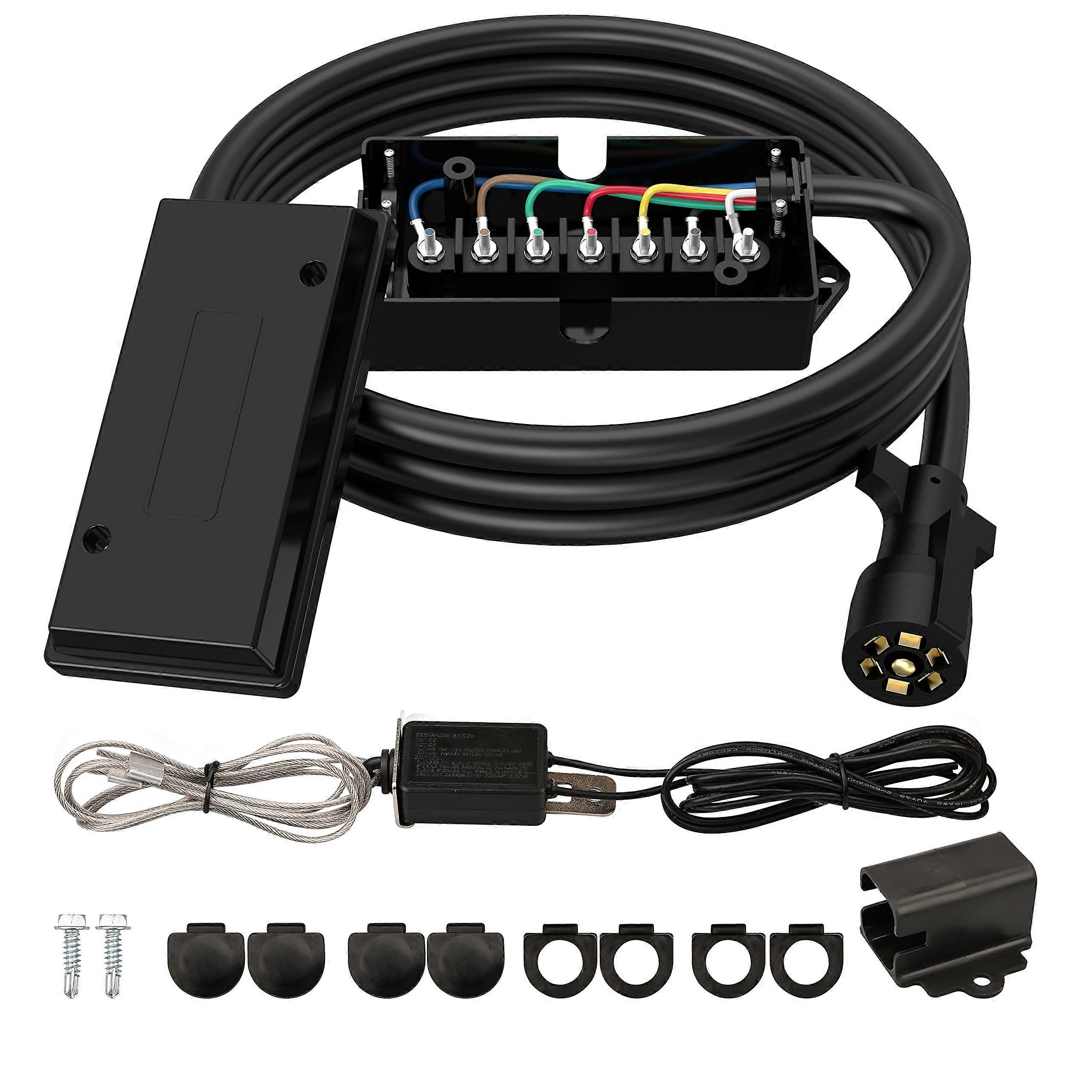 7 Way 8 Foot Trailer Cord with 7 Gang Junction Box Kit, Include 12V Breakaway Switch