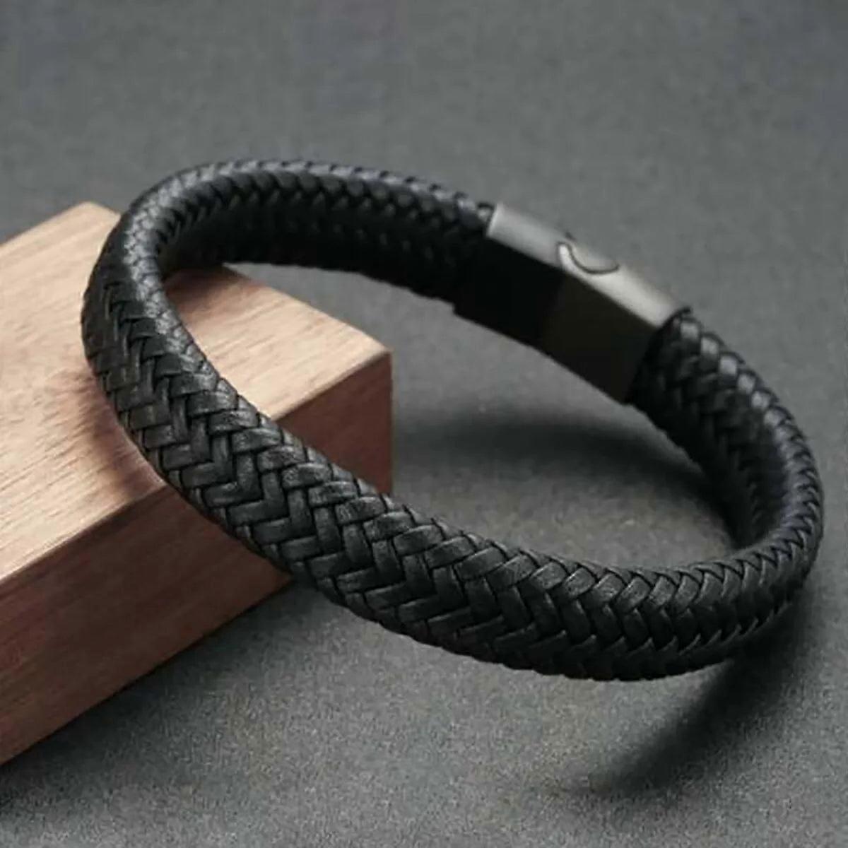 Black Pu Leather Magnetic Mens Bracelet