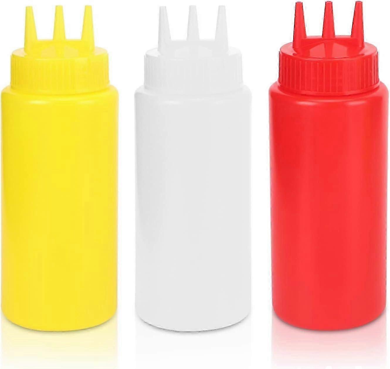 3Pcs 3 trous Condiment Squeeze Bottle, Bouteilles de sauce Squeeze Vides Distributeur de Condiments 450ml avec Couvercles