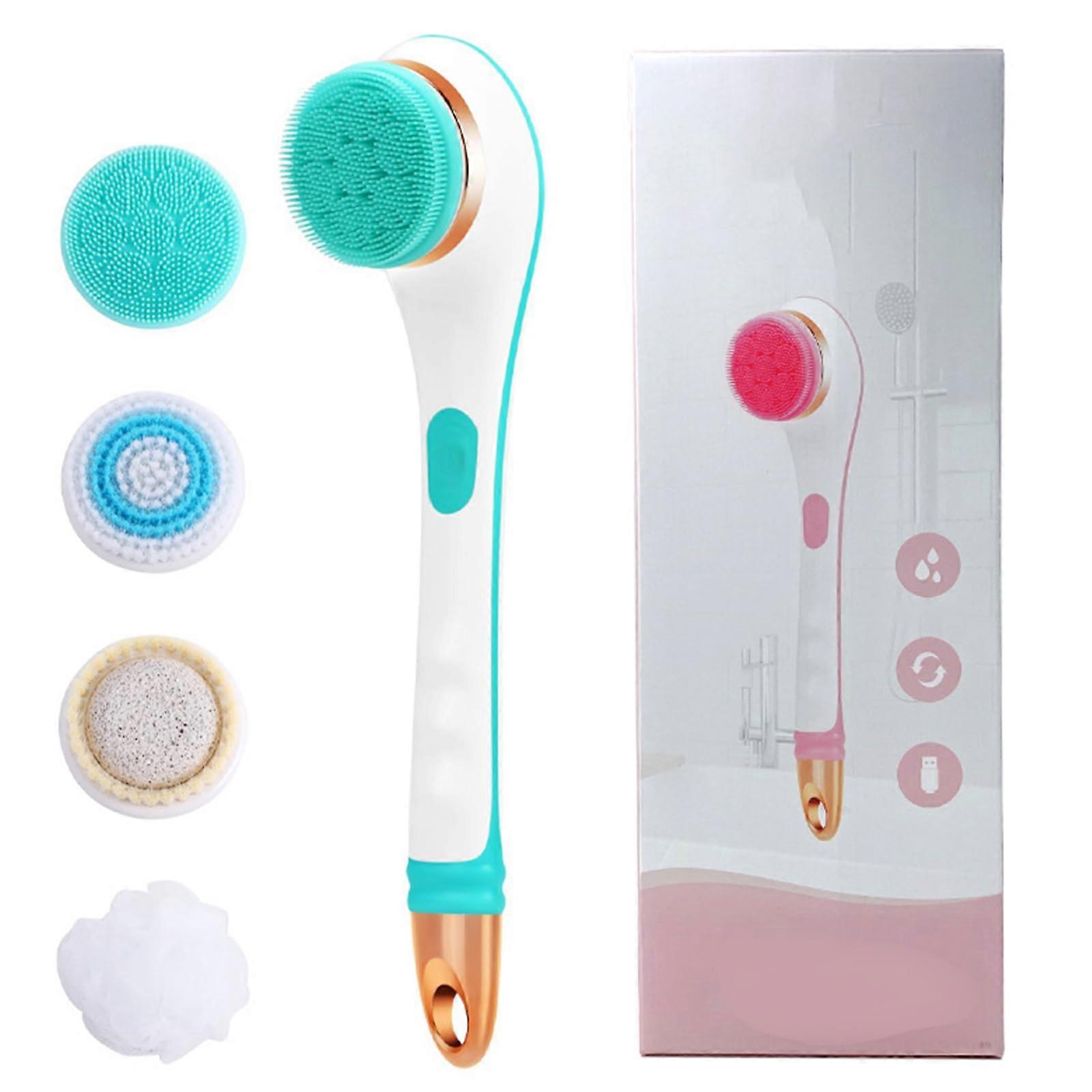 4 in 1 Electric Body Brush Back Scrubber for Shower with 4 Replaceable Brush Heads, Long Handle, IPX6 Waterproof, Rechargeable, 2 Speed Settings
