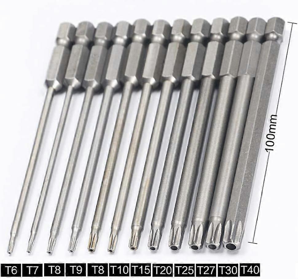 Set of 11 Long Torx Bits for Screwdrivers and Electric Screwdrivers - Magnetic Bits - 1/4" Hex Shank - Sizes T6 to T40 - Length 100mm
