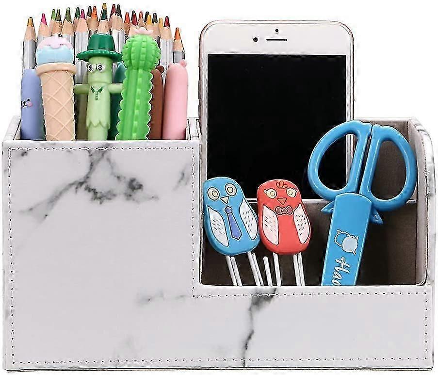 Desk Pen Pencil Holder Leather Multi-Function Desk Stationery Organizer Storage Box