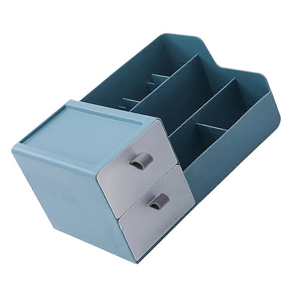 Blue Plastic Makeup Storage Box with Drawer for Tabletop Cosmetic Organization