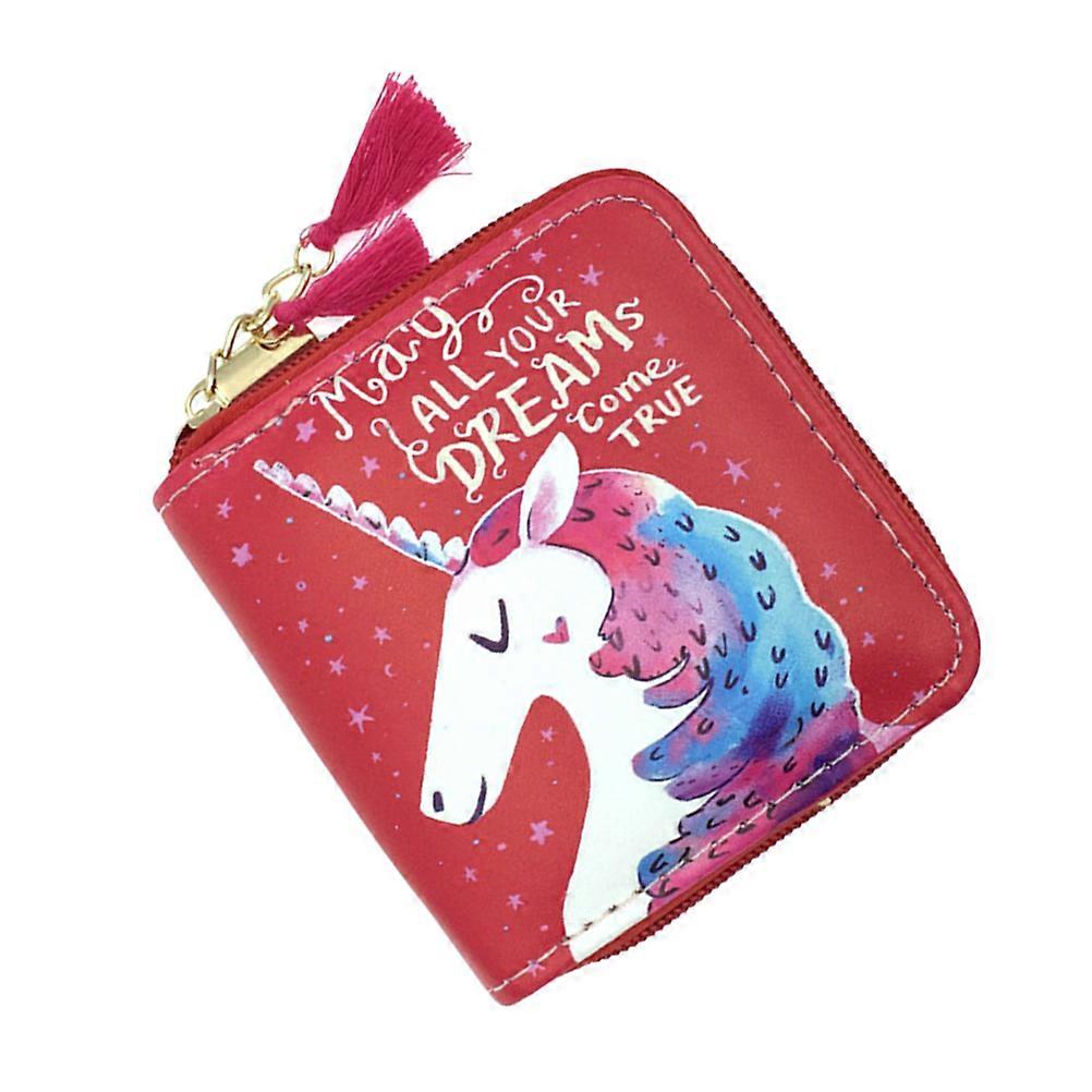 Cartoon PU Zipper Wallet Lightweight Short Purse Unicorn Pattern Secure Closure Coin Card Holder for Students Travel Red Design