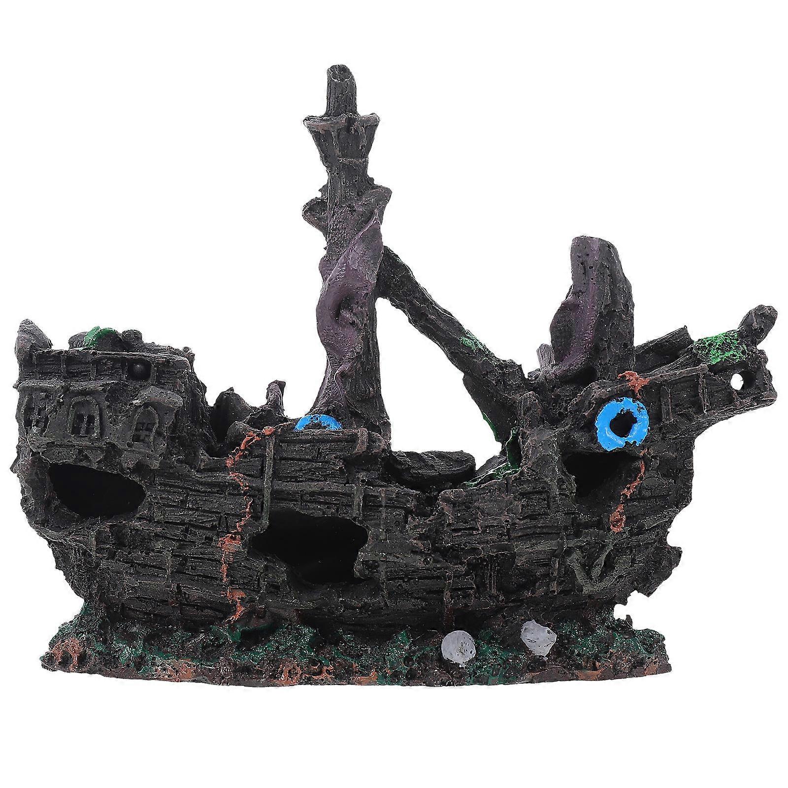 Realistic Black Resin Pirate Shipwreck Decoration for Aquarium Fish Tank Hideout and Storage Use 7.8 Inches