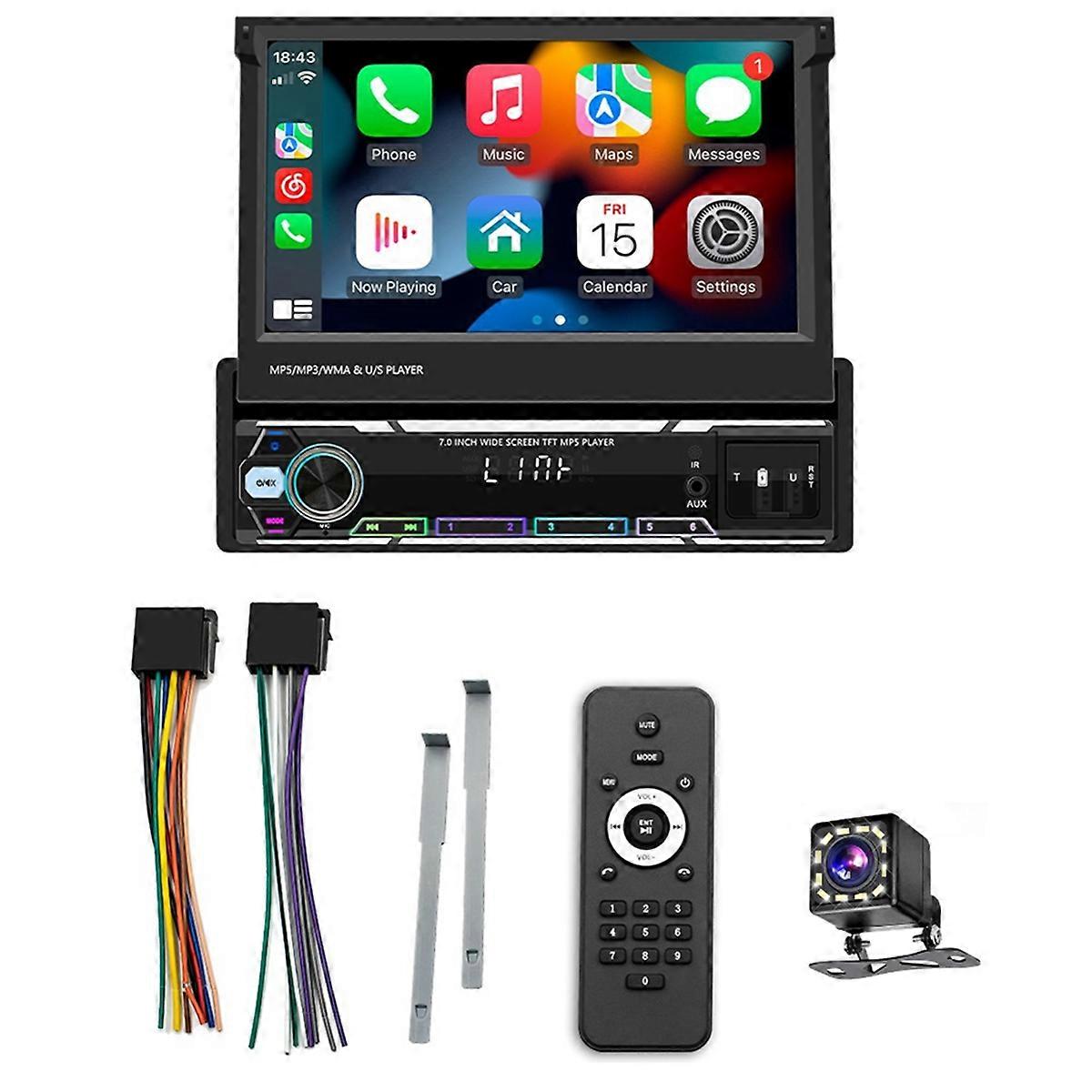 Wireless Carplay Android Auto Single Din Radio, 7 Inch Manual Foldable Car Stereo with Backup Camera, Mirror Link/AM/FM