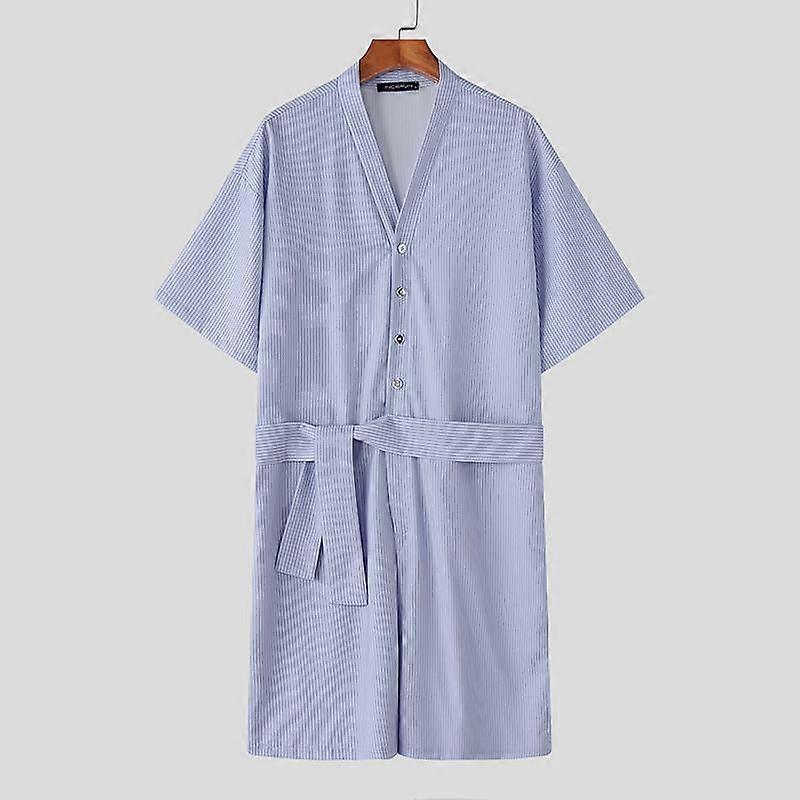 INCERUN Men Summer Short Sleeve Buttons Belt Waist Striped Jumpsuits Short Rompers
