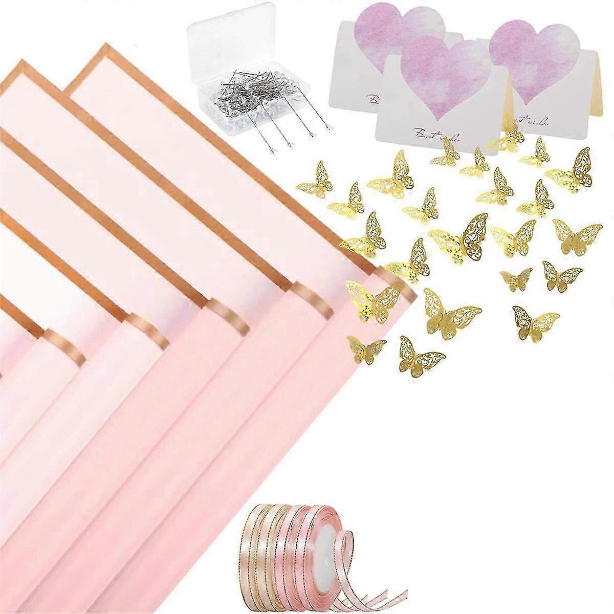40 Sheets Pink Flower Wrapping Paper with 4 Matching Ribbon Rolls - Perfect for Bouquets & Gift Wrapping Decor