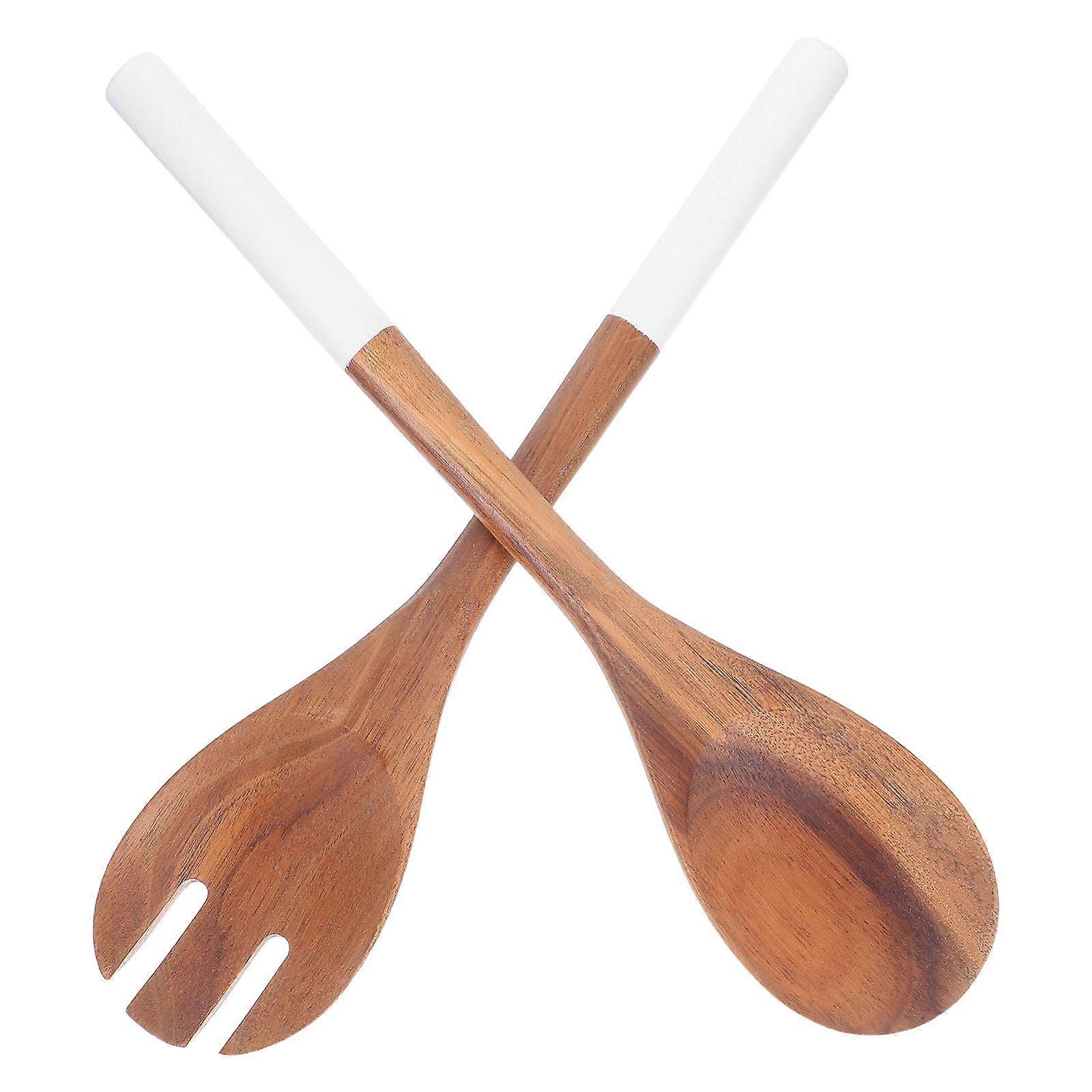 Wooden Salad Servers Set of 2 Multi Use Cooking Utensils for Stirring, Serving Salads, Noodles Easy to Clean Forks & Spoons for Home & Restaurant